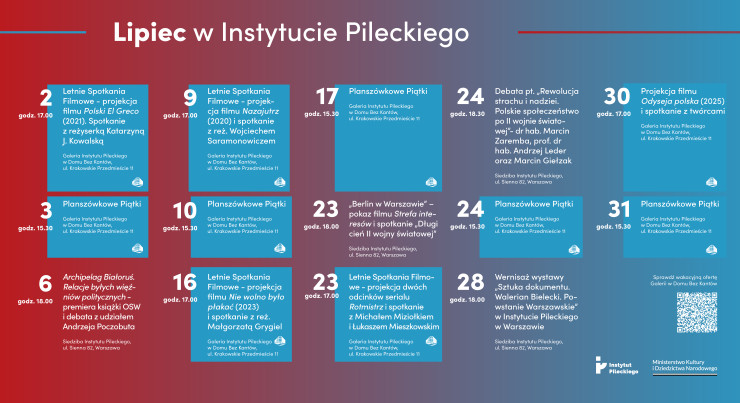 Grafika: Kalendarz w z wydarzeniami w Lipcu w Instytucie Pileckiego. 